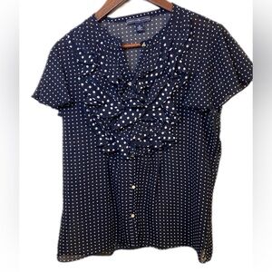 Navy with white Polka Dot -Sheer Ruffle Blouse Workwear Size M